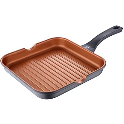 San Ignacio Bronze Grillpan met antiaanbaklaag, 28 x 28 x 4,5 cm, gemaakt van gegoten aluminium, effectieve warmteverdeling, met soft-touch handgreep, geschikt voor alle soorten San Ignacio Bronze Grillpan met antiaanbaklaag, 28 x 28 x 4,5 cm, gemaakt van gegoten aluminium, effectieve warmteverdeling, met soft-touch handgreep, geschikt voor alle soorten
