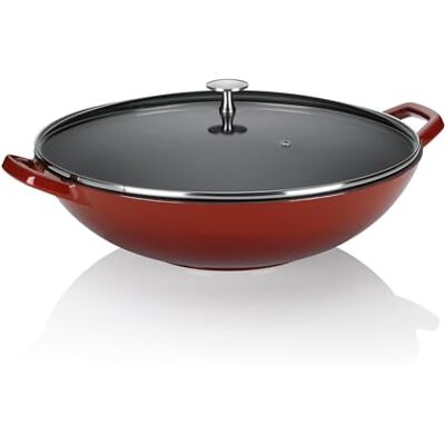 kela 11947 Wok met vuurvast deksel, gietijzer, geëmailleerd, hoge warmte-opslag, geschikt voor inductie, Ø 36 cm, 4 l, rood, Calido kela 11947 Wok met vuurvast deksel, gietijzer, geëmailleerd, hoge warmte-opslag, geschikt voor inductie, Ø 36 cm, 4 l, rood, Calido