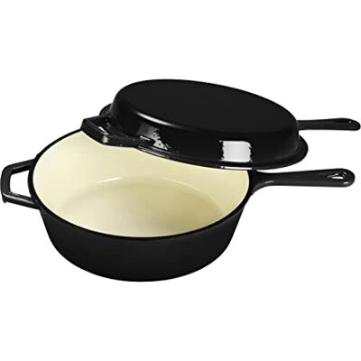 ECHTWERK 2-in-1 braadpan en grillpannenset, gietijzeren stoofpan met deksel, gietijzeren pan met geëmailleerde coating, geschikt voor oven, grill, BBQ en inductie, zwart, 2,5 l, Ø 25,2 cm ECHTWERK 2-in-1 braadpan en grillpannenset, gietijzeren stoofpan met deksel, gietijzeren pan met geëmailleerde coating, geschikt voor oven, grill, BBQ en inductie, zwart, 2,5 l, Ø 25,2 cm