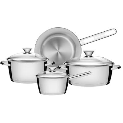 Tramontina 4-delig kookgerei van roestvrij staal, vaatwasmachinebestendig met glazen deksel, geschikt voor inductie, pan, braadpan en pannen Tramontina 4-delig kookgerei van roestvrij staal, vaatwasmachinebestendig met glazen deksel, geschikt voor inductie, pan, braadpan en pannen
