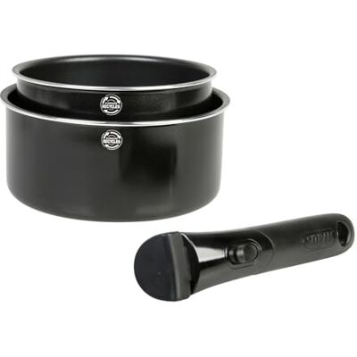 Sitram 715484 Set van 2 pannen van gerecycled aluminium, eenvoudig te gebruiken, diameter 16-20 cm, hoogte 7,5-9 cm, anti-aanbaklaag, zonder PFOA, afneembare handgreep, antislip, antislip, geschikt Sitram 715484 Set van 2 pannen van gerecycled aluminium, eenvoudig te gebruiken, diameter 16-20 cm, hoogte 7,5-9 cm, anti-aanbaklaag, zonder PFOA, afneembare handgreep, antislip, antislip, geschikt