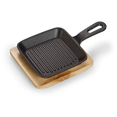 ECHTWERK Gietijzeren serveerpan, serveerpan, vierkante braadpan met serveerplank, grillstrepen, reeds gekookt, geschikt voor oven, grill, BBQ en inductie, Ø 13,6 cm ECHTWERK Gietijzeren serveerpan, serveerpan, vierkante braadpan met serveerplank, grillstrepen, reeds gekookt, geschikt voor oven, grill, BBQ en inductie, Ø 13,6 cm