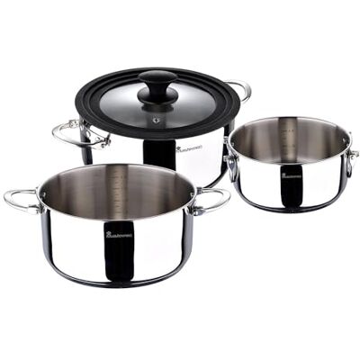 MasterPRO Foodies 4-delige pannenset, inductie, 16 cm, 20 cm en 24 cm met stapelfunctie voor het opbergen, met inklapbare handgrepen, inclusief universele deksel voor alle maten, roestvrij staal, voor alle soorten fornuizen MasterPRO Foodies 4-delige pannenset, inductie, 16 cm, 20 cm en 24 cm met stapelfunctie voor het opbergen, met inklapbare handgrepen, inclusief universele deksel voor alle maten, roestvrij staal, voor alle soorten fornuizen