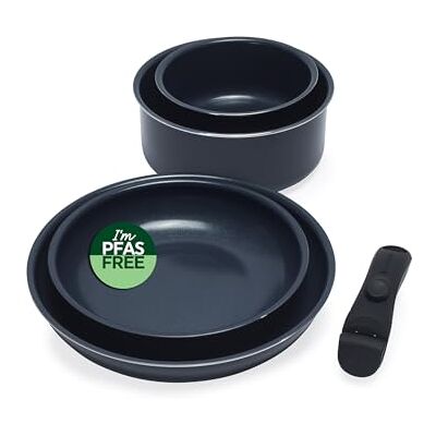 Russell Hobbs RH03319EU7 Smart Clip Pot en Pan Set 5-delige keramische non-stick bakpannen en saucepans met afneembaar handvat, stapelbaar ontwerp, PFAS-vrij, inductie oven veilig, marineblauw, marineblauw Russell Hobbs RH03319EU7 Smart Clip Pot en Pan Set 5-delige keramische non-stick bakpannen en saucepans met afneembaar handvat, stapelbaar ontwerp, PFAS-vrij, inductie oven veilig, marineblauw, marineblauw