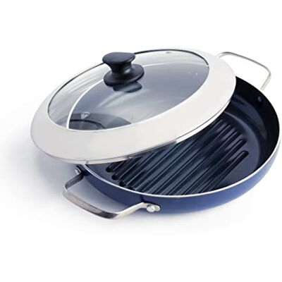 Blue Diamond Grillpan van keramiek, met diamanten, antiaanbaklaag, 28 cm, met glazen deksel, PFAS-vrij, grillen, BBQ, ovenbestendig, blauw Blue Diamond Grillpan van keramiek, met diamanten, antiaanbaklaag, 28 cm, met glazen deksel, PFAS-vrij, grillen, BBQ, ovenbestendig, blauw