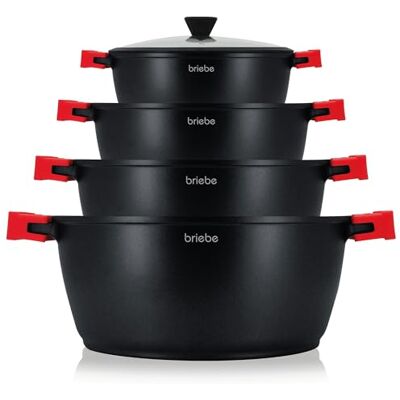 briebe Black Titanium Kookgereiset, inductie, 8-delig, antiaanbaklaag, titanium, set van 4 pannen van gegoten aluminium, zonder PFOA, glazen deksel, siliconen handgrepen, voor alle warmtebronnen en oven briebe Black Titanium Kookgereiset, inductie, 8-delig, antiaanbaklaag, titanium, set van 4 pannen van gegoten aluminium, zonder PFOA, glazen deksel, siliconen handgrepen, voor alle warmtebronnen en oven