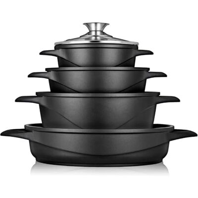 briebe 8-delige inductiekookgerei, set van 4 gegoten aluminium pannen, antiaanbaklaag ILAG GRANITEC zonder PFOA, glazen deksels, siliconen handschoenen, alle warmtebronnen en oven, MGK-17 briebe 8-delige inductiekookgerei, set van 4 gegoten aluminium pannen, antiaanbaklaag ILAG GRANITEC zonder PFOA, glazen deksels, siliconen handschoenen, alle warmtebronnen en oven, MGK-17