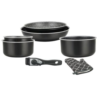 Herzberg HG8053 BLK Kookgerei, 3 stuks inductiekookpannen en 2 pannen voor alle warmtebronnen in verschillende maten en 1 ovenwant, marmeren antiaanbaklaag, afneembare handgrepen, zwart Herzberg HG8053 BLK Kookgerei, 3 stuks inductiekookpannen en 2 pannen voor alle warmtebronnen in verschillende maten en 1 ovenwant, marmeren antiaanbaklaag, afneembare handgrepen, zwart
