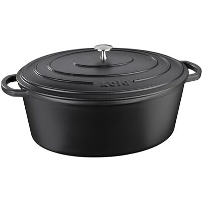 kela 12473 Braadpan met deksel, gietijzer, laagje email, hoge warmte-opslag, geschikt voor inductiekookplaten, 6,5 l, ovaal, Calido, zwart kela 12473 Braadpan met deksel, gietijzer, laagje email, hoge warmte-opslag, geschikt voor inductiekookplaten, 6,5 l, ovaal, Calido, zwart