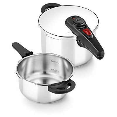 BRA Allure Set van 2 snelkookpannen met bajonet, 4 l en 6 l, roestvrij staal 18/10, voor alle warmtebronnen, inclusief inductie BRA Allure Set van 2 snelkookpannen met bajonet, 4 l en 6 l, roestvrij staal 18/10, voor alle warmtebronnen, inclusief inductie