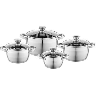Florina Potten (8 stuks) I OLIVER roestvrijstalen pan I voor inductie, gas I set potten met glazen deksel I kookgerei I roestvrij staal I kleur: zilver Florina Potten (8 stuks) I OLIVER roestvrijstalen pan I voor inductie, gas I set potten met glazen deksel I kookgerei I roestvrij staal I kleur: zilver