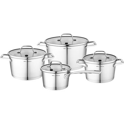 Florina Professionele pannenset, 8-delige set van roestvrij staal, potten met glazen deksel, ideaal voor inductiekookplaten, gasfornuizen, elektrische fornuizen Florina Professionele pannenset, 8-delige set van roestvrij staal, potten met glazen deksel, ideaal voor inductiekookplaten, gasfornuizen, elektrische fornuizen