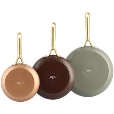 GreenPan Shades Set van 3 keramische pannen met antiaanbaklaag, Ø 20/24/28 cm, PFAS-vrij, geschikt voor inductie, goudkleurige roestvrijstalen handgreep, vaatwasmachinebestendig, ovenbestendig, terra GreenPan Shades Set van 3 keramische pannen met antiaanbaklaag, Ø 20/24/28 cm, PFAS-vrij, geschikt voor inductie, goudkleurige roestvrijstalen handgreep, vaatwasmachinebestendig, ovenbestendig, terra