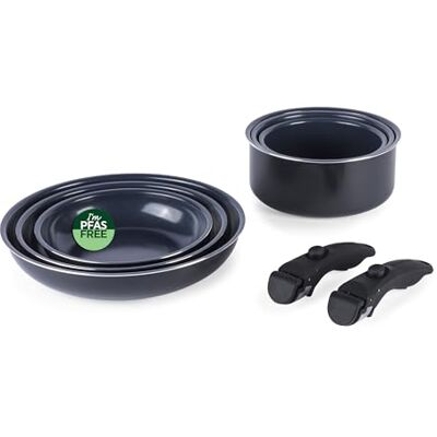 Russell Hobbs Smart Clip RH03321EU7-8-delige keramische pannenset met antiaanbaklaag met 2 afneembare handgrepen, stapelbaar design, PFAS-vrij, inductieoven, blauw Russell Hobbs Smart Clip RH03321EU7-8-delige keramische pannenset met antiaanbaklaag met 2 afneembare handgrepen, stapelbaar design, PFAS-vrij, inductieoven, blauw