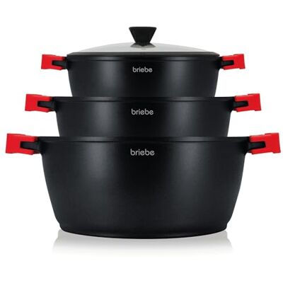 briebe Black Titanium kookgerei, inductie, 6-delig, antiaanbaklaag Set van 3 pannen van gegoten aluminium, zonder PFOA, glazen deksel, siliconen handgrepen, glaskeramiek, gas, oven briebe Black Titanium kookgerei, inductie, 6-delig, antiaanbaklaag Set van 3 pannen van gegoten aluminium, zonder PFOA, glazen deksel, siliconen handgrepen, glaskeramiek, gas, oven