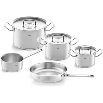 Fissler Original-Profi Collection Set van 5 roestvrijstalen pannen met metalen deksels (3 potten, 1 pan zonder coating, 1 pan zonder deksel), geschikt voor inductie Fissler Original-Profi Collection Set van 5 roestvrijstalen pannen met metalen deksels (3 potten, 1 pan zonder coating, 1 pan zonder deksel), geschikt voor inductie