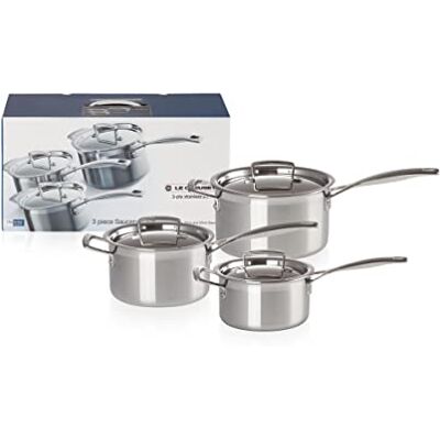 Le Creuset Set van 6 potten, 3 steelpannen met deksel, Ø 16/18/20 cm, roestvrij staal, 3-laags, inhoud 1,9/2,8/3,8 l, compatibel met alle warmtebronnen (inclusief inductie), zilverkleurig Le Creuset Set van 6 potten, 3 steelpannen met deksel, Ø 16/18/20 cm, roestvrij staal, 3-laags, inhoud 1,9/2,8/3,8 l, compatibel met alle warmtebronnen (inclusief inductie), zilverkleurig