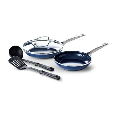 Blue Diamond Cookware 5-delige keramische kookgerei met antiaanbaklaag, PFAS-vrij, inductie, vaatwasmachinebestendig, ovenbestendig, zilverkleurig Blue Diamond Cookware 5-delige keramische kookgerei met antiaanbaklaag, PFAS-vrij, inductie, vaatwasmachinebestendig, ovenbestendig, zilverkleurig