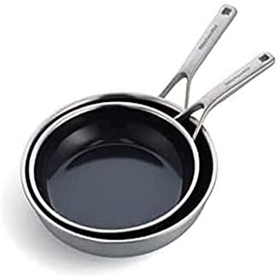 KitchenAid roestvrij staal meerlaags anti-aanbaklaag pannenset 24 cm en 28 cm, zilver, CC006066-001, 24cm & 28cm KitchenAid roestvrij staal meerlaags anti-aanbaklaag pannenset 24 cm en 28 cm, zilver, CC006066-001, 24cm & 28cm