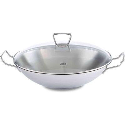 Fissler Kunming Wok van roestvrij staal (Ø 36 cm), grote ongecoate pan, Aziatische pan met glazen deksel, met roosterinzetstuk, alle soorten vuur inclusief inductie Fissler Kunming Wok van roestvrij staal (Ø 36 cm), grote ongecoate pan, Aziatische pan met glazen deksel, met roosterinzetstuk, alle soorten vuur inclusief inductie