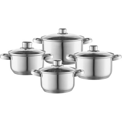 Florina Pottenset (8 stuks) I POLPO roestvrijstalen pan I voor inductie, gas I set potten met glazen deksel I kookgerei I roestvrij staal Florina Pottenset (8 stuks) I POLPO roestvrijstalen pan I voor inductie, gas I set potten met glazen deksel I kookgerei I roestvrij staal
