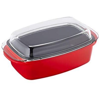 Relaxdays Braadpan met deksel, anti-aanbaklaag, van gegoten aluminium en glas, vaatwasmachinebestendig, rode ganzenbraadpan, 15 x 39,5 x 22,5 cm Relaxdays Braadpan met deksel, anti-aanbaklaag, van gegoten aluminium en glas, vaatwasmachinebestendig, rode ganzenbraadpan, 15 x 39,5 x 22,5 cm