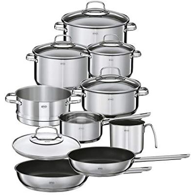 RÖSLE ELEGANCE 10-delige pannenset, 6 kookpotten en braadpannen, 1 stoommandje, 2 koekenpannen, 18/10 roestvrij staal, Zilver RÖSLE ELEGANCE 10-delige pannenset, 6 kookpotten en braadpannen, 1 stoommandje, 2 koekenpannen, 18/10 roestvrij staal, Zilver