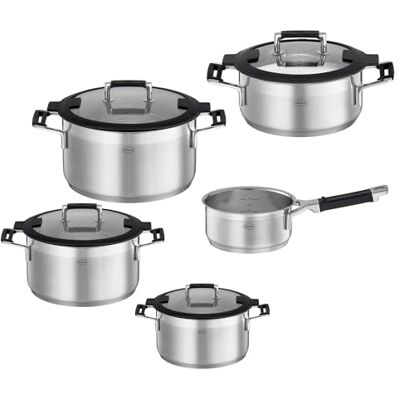 RÖSLE SILENCE PRO 5-delige pannenset, universele pannenset met 3 kookpotten, 1 braadpan en 1 steelpan, roestvrij staal 18/10,glazen deksel,interne schaalverdeling,geschikt voor inductie en vaatwasser RÖSLE SILENCE PRO 5-delige pannenset, universele pannenset met 3 kookpotten, 1 braadpan en 1 steelpan, roestvrij staal 18/10,glazen deksel,interne schaalverdeling,geschikt voor inductie en vaatwasser
