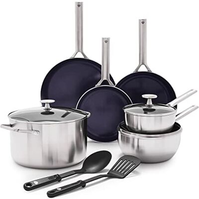 Blue Diamond Triple Steel Kookgerei van roestvrij staal 18/10, antiaanbaklaag, versterkt met diamanten, 11 stuks, PFAS-vrij, meerlaags, inductie, vaatwasser, oven, zilver Blue Diamond Triple Steel Kookgerei van roestvrij staal 18/10, antiaanbaklaag, versterkt met diamanten, 11 stuks, PFAS-vrij, meerlaags, inductie, vaatwasser, oven, zilver