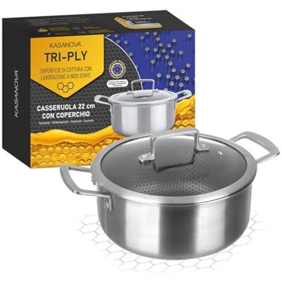 KASANOVA Tri-Ply inductiekookpan met glazen deksel 3-laagse antiaanbaklaag (22 cm) KASANOVA Tri-Ply inductiekookpan met glazen deksel 3-laagse antiaanbaklaag (22 cm)