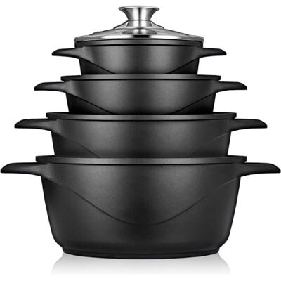 briebe 8-delige inductiekookgerei, set van 4 gietijzeren aluminium pannen, antiaanbaklaag ILAG GRANITEC zonder PFOA, glazen deksels, siliconen handschoenen, alle warmtebronnen en oven, MGK-12 briebe 8-delige inductiekookgerei, set van 4 gietijzeren aluminium pannen, antiaanbaklaag ILAG GRANITEC zonder PFOA, glazen deksels, siliconen handschoenen, alle warmtebronnen en oven, MGK-12