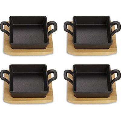 ECHTWERK Gietijzeren serveerschaal, vierkante pan met serveerplank, kleine grillpan, al gebakken, geschikt voor ovens, grills, BBQ en inductie, ideaal voor serveren, 4 stuks. ECHTWERK Gietijzeren serveerschaal, vierkante pan met serveerplank, kleine grillpan, al gebakken, geschikt voor ovens, grills, BBQ en inductie, ideaal voor serveren, 4 stuks.