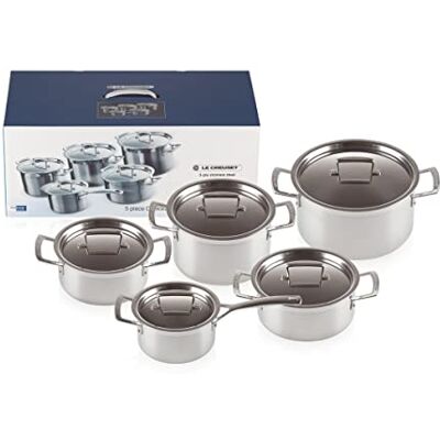 Le Creuset Set van 10 delen van roestvrij staal, 3-laags, met bijpassende deksels, 3 grote kookpotten, 1 kookpan, 1 steelpan, volume 2,3/4,0/6,0/3,0/1,9 l, compatibel met alle warmtebronnen Le Creuset Set van 10 delen van roestvrij staal, 3-laags, met bijpassende deksels, 3 grote kookpotten, 1 kookpan, 1 steelpan, volume 2,3/4,0/6,0/3,0/1,9 l, compatibel met alle warmtebronnen