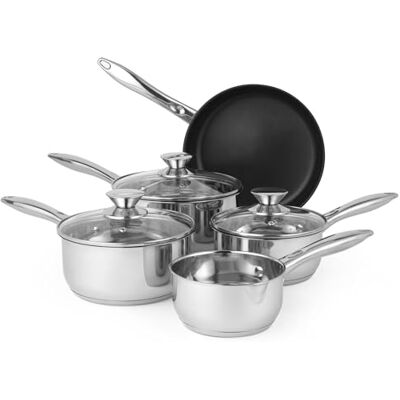 Russell Hobbs BW06572 Classic Collection 5 Piece Pan Set Including a Frying Pan, Saucepans & Glass Lids, Suitable on All Hob Types, Stainless Steel Russell Hobbs BW06572 Classic Collection 5 Piece Pan Set Including a Frying Pan, Saucepans & Glass Lids, Suitable on All Hob Types, Stainless Steel