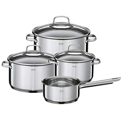 RÖSLE Elegance pannenset, 4-delig, 3 hoogwaardige potten en 1 steelpan in set, roestvrij staal 18/10, met glazen deksel en schaalverdeling aan binnenkant, geschikt voor inductie en vaatwasser RÖSLE Elegance pannenset, 4-delig, 3 hoogwaardige potten en 1 steelpan in set, roestvrij staal 18/10, met glazen deksel en schaalverdeling aan binnenkant, geschikt voor inductie en vaatwasser