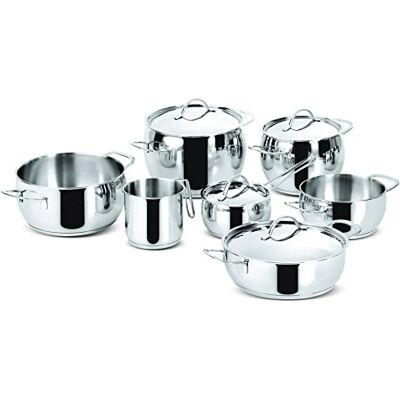 Lagostina Euforia Kookgerei voor inductie, gas en oven van roestvrij staal 18/10, 11-delig, Lagoseal Plus bodem, set kookgerei met 5 pannen, steelpan, melkkan, 4 deksels Lagostina Euforia Kookgerei voor inductie, gas en oven van roestvrij staal 18/10, 11-delig, Lagoseal Plus bodem, set kookgerei met 5 pannen, steelpan, melkkan, 4 deksels