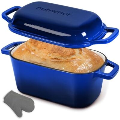 NutriChef 10-inch geëmailleerde gietijzeren broodpan met deksel – ovale Dutch oven inclusief siliconen ovenwanten – ovenbestendig tot 260 °C (500 °F) – geschikt voor bakken, braden, NutriChef 10-inch geëmailleerde gietijzeren broodpan met deksel – ovale Dutch oven inclusief siliconen ovenwanten – ovenbestendig tot 260 °C (500 °F) – geschikt voor bakken, braden,