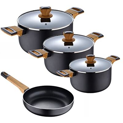 Bergner Earth 7-delige pannenset, 3 pannen + 1 pan, kleur zwart, gemaakt van geperst aluminium, kookgerei, geschikt voor alle warmtebronnen Bergner Earth 7-delige pannenset, 3 pannen + 1 pan, kleur zwart, gemaakt van geperst aluminium, kookgerei, geschikt voor alle warmtebronnen