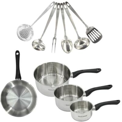 Fackelmann 9446150 Set 1 pan 20 cm, 3 pannen van roestvrij staal 18/8 en 6 roestvrijstalen gebruiksvoorwerpen, alle kookplaten, inductie, PFAS-vrij, roestvrij staal 18/8, 12 16, 20 cm Fackelmann 9446150 Set 1 pan 20 cm, 3 pannen van roestvrij staal 18/8 en 6 roestvrijstalen gebruiksvoorwerpen, alle kookplaten, inductie, PFAS-vrij, roestvrij staal 18/8, 12 16, 20 cm