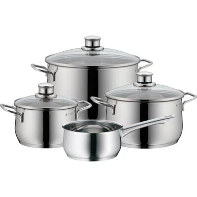 WMF Diadem Plus 4-delige pannenset, roestvrij staal, geschikt voor inductie, 1 lage pan 20 cm, 2 hoge pannen 16 cm en 24 cm, 1 steelpan 16 cm met 3 deksels WMF Diadem Plus 4-delige pannenset, roestvrij staal, geschikt voor inductie, 1 lage pan 20 cm, 2 hoge pannen 16 cm en 24 cm, 1 steelpan 16 cm met 3 deksels