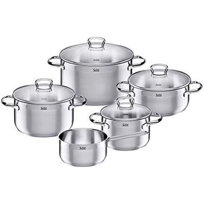Silit Toskana Pannenset, 5-Delig, Potten Met Glazen Deksel, Inductiepotten, Roestvrij Staal, Deels Gematteerd, Ongecoat, Zilver Silit Toskana Pannenset, 5-Delig, Potten Met Glazen Deksel, Inductiepotten, Roestvrij Staal, Deels Gematteerd, Ongecoat, Zilver
