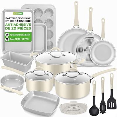 NutriChef Keukengerei, antiaanbaklaag, 20-delig, potten, pannen en vormen van robuust aluminium, met deksel van versterkt glas, compatibel met inductie, gas, elektrisch en NutriChef Keukengerei, antiaanbaklaag, 20-delig, potten, pannen en vormen van robuust aluminium, met deksel van versterkt glas, compatibel met inductie, gas, elektrisch en