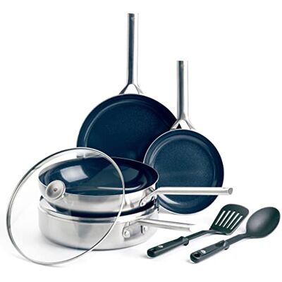 Blue Diamond Triple Steel Kookgerei van roestvrij staal 18/10, antiaanbaklaag, versterkt met diamanten, 7-delig, PFAS-vrij, meerlaags, inductie, vaatwasser, oven, zilver Blue Diamond Triple Steel Kookgerei van roestvrij staal 18/10, antiaanbaklaag, versterkt met diamanten, 7-delig, PFAS-vrij, meerlaags, inductie, vaatwasser, oven, zilver