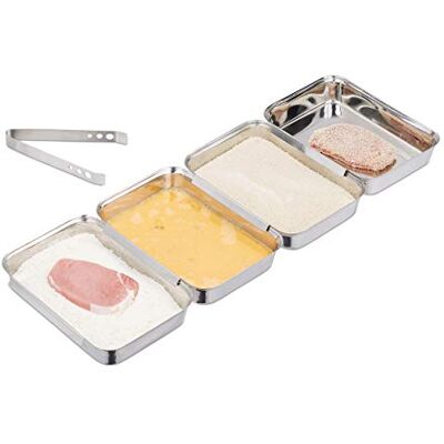 Relaxdays Set van 4 roestvrijstalen paneerschalen met paneertang, stapelbaar, vaatwasmachinebestendig, zilver Relaxdays Set van 4 roestvrijstalen paneerschalen met paneertang, stapelbaar, vaatwasmachinebestendig, zilver