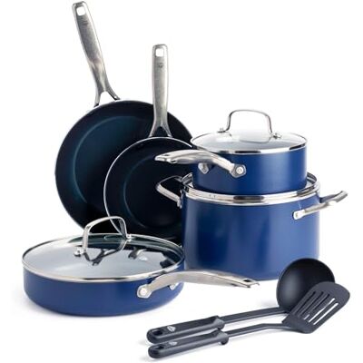 Blue Diamond Kookgereiset, 10-delig, keramische pannen en pannen met antiaanbaklaag, diamantversterkt, PFAS-vrij, snel opwarmen, ovenbestendig tot 200 °C en vaatwasmachinebestendig, blauw Blue Diamond Kookgereiset, 10-delig, keramische pannen en pannen met antiaanbaklaag, diamantversterkt, PFAS-vrij, snel opwarmen, ovenbestendig tot 200 °C en vaatwasmachinebestendig, blauw