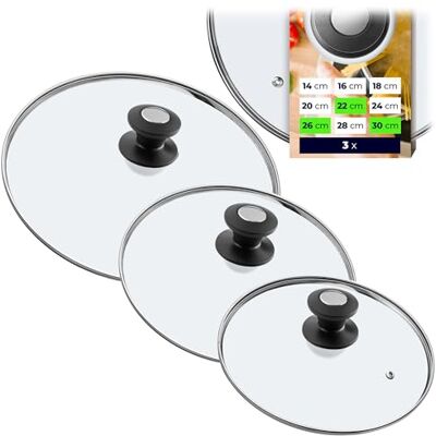 KADAX Universele glazen deksels met handvat, hittebestendig, verschillende maten, voor pannen, 22 + 26 + 30 cm, zwarte en zilveren handgrepen KADAX Universele glazen deksels met handvat, hittebestendig, verschillende maten, voor pannen, 22 + 26 + 30 cm, zwarte en zilveren handgrepen