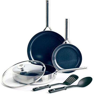 Blue Diamond Triple Steel Kookgerei van roestvrij staal 18/10, keramische coating, antiaanbaklaag, 6 stuks, koekenpan, stoofpan, PFAS-vrij, meerlaags, inductie, vaatwasser, oven, zilver Blue Diamond Triple Steel Kookgerei van roestvrij staal 18/10, keramische coating, antiaanbaklaag, 6 stuks, koekenpan, stoofpan, PFAS-vrij, meerlaags, inductie, vaatwasser, oven, zilver