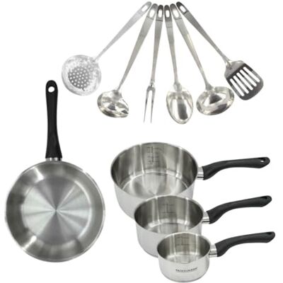 Fackelmann 9446250 Set 1 pan 24 cm, 3 pannen van roestvrij staal 18/8 en 6 roestvrijstalen gebruiksvoorwerpen, alle kookplaten, inductie, PFAS-vrij, roestvrij staal 18/8, 12 16 20 24 cm Fackelmann 9446250 Set 1 pan 24 cm, 3 pannen van roestvrij staal 18/8 en 6 roestvrijstalen gebruiksvoorwerpen, alle kookplaten, inductie, PFAS-vrij, roestvrij staal 18/8, 12 16 20 24 cm