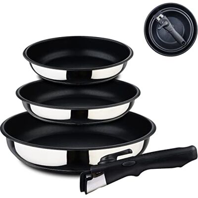Bergner Click & Cook 4-delige pannenset, roestvrij staal en antiaanbaklaag, 3 pannen van 18, 20 en 24 cm, bevat 1 afneembare ergonomische handgreep, voor alle soorten fornuizen en ovens Bergner Click & Cook 4-delige pannenset, roestvrij staal en antiaanbaklaag, 3 pannen van 18, 20 en 24 cm, bevat 1 afneembare ergonomische handgreep, voor alle soorten fornuizen en ovens