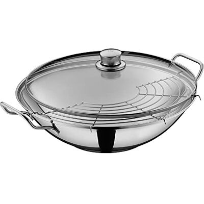 WMF Party Taiwan Inductie-wok 36 cm, wok met deksel en opbergrooster, inductie wok met deksel, Cromargan roestvrij staal ongecoat, ovenbestendig WMF Party Taiwan Inductie-wok 36 cm, wok met deksel en opbergrooster, inductie wok met deksel, Cromargan roestvrij staal ongecoat, ovenbestendig